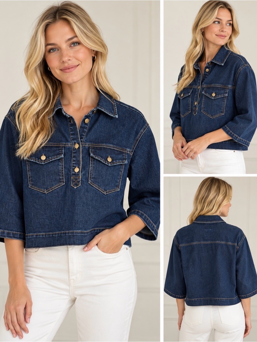Saint Tropez Denim Pullover Top XS – Dark Wash Cropped 3/4 Sleeve
